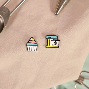 Mini Pin Badge by Crumbs & Doilies featuring a colorful cupcake and stand mixer enamel pins.